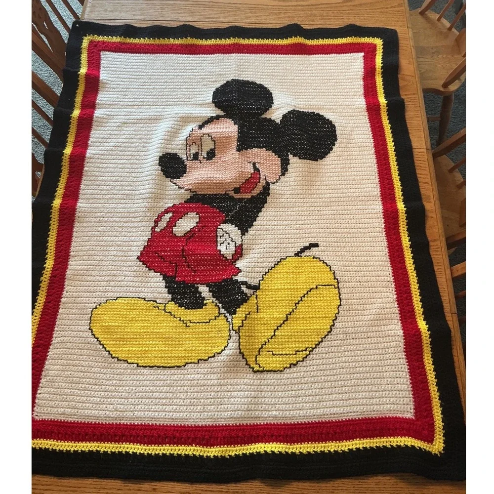 Handmade Mickey Mouse Crochet Blanket Afghan Disney Red Yellow Black 47x41